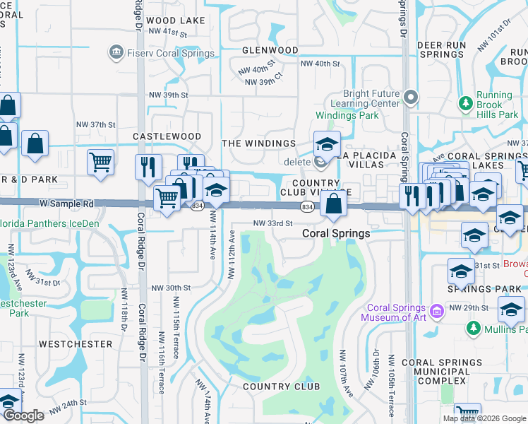 map of restaurants, bars, coffee shops, grocery stores, and more near 11200 West Sample Road in Coral Springs