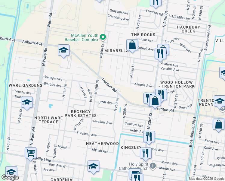 map of restaurants, bars, coffee shops, grocery stores, and more near 2601 Trenton Road in McAllen