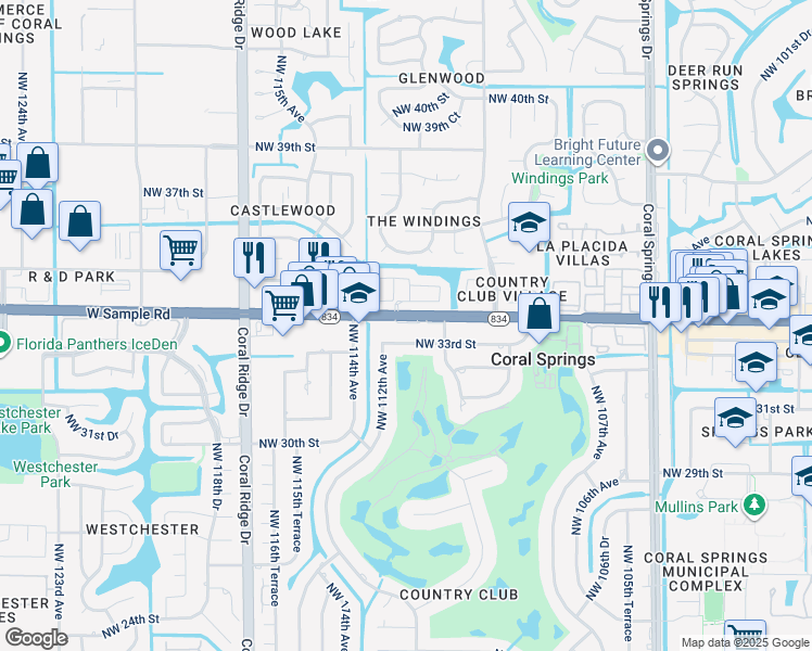 map of restaurants, bars, coffee shops, grocery stores, and more near 11200 West Sample Road in Coral Springs