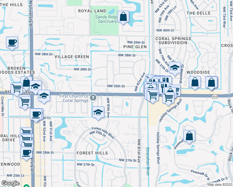 map of restaurants, bars, coffee shops, grocery stores, and more near 8307 West Sample Road in Coral Springs