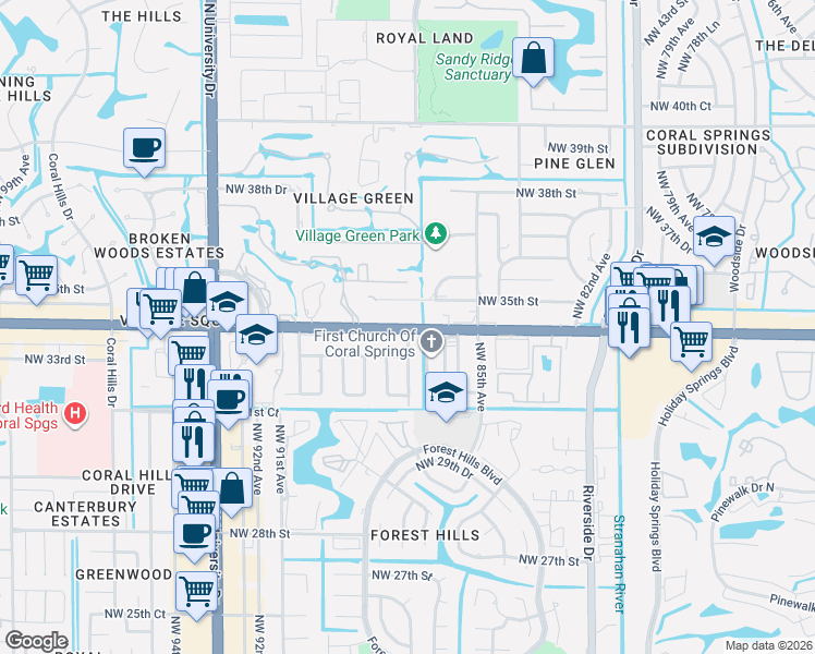 map of restaurants, bars, coffee shops, grocery stores, and more near 8703 Northwest 34th Street in Coral Springs