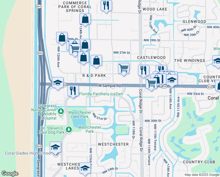 map of restaurants, bars, coffee shops, grocery stores, and more near 12000 West Sample Road in Coral Springs