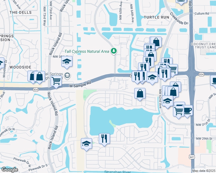 map of restaurants, bars, coffee shops, grocery stores, and more near 6776 West Sample Road in Coral Springs