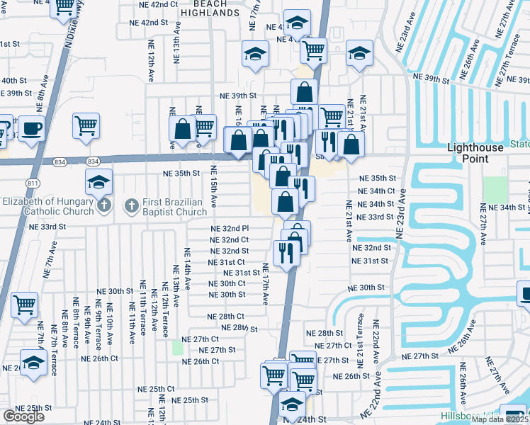 map of restaurants, bars, coffee shops, grocery stores, and more near 1671 Northeast 33rd Street in Pompano Beach