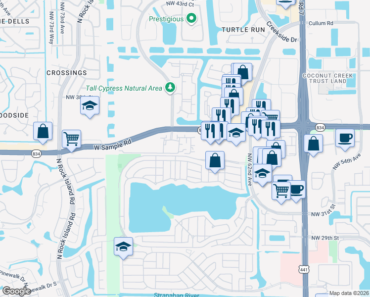 map of restaurants, bars, coffee shops, grocery stores, and more near 6496 West Sample Road in Coral Springs
