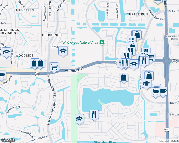 map of restaurants, bars, coffee shops, grocery stores, and more near 6790 West Sample Road in Coral Springs