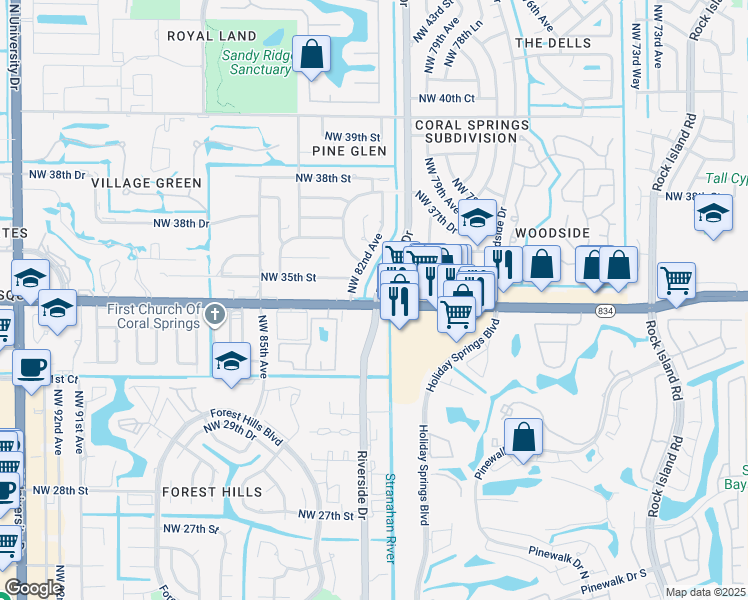 map of restaurants, bars, coffee shops, grocery stores, and more near in Coral Springs