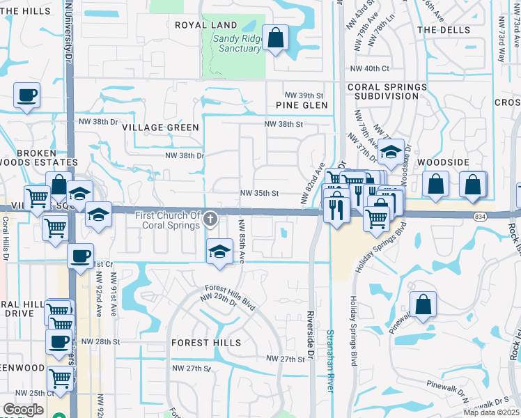 map of restaurants, bars, coffee shops, grocery stores, and more near 8307 West Sample Road in Coral Springs