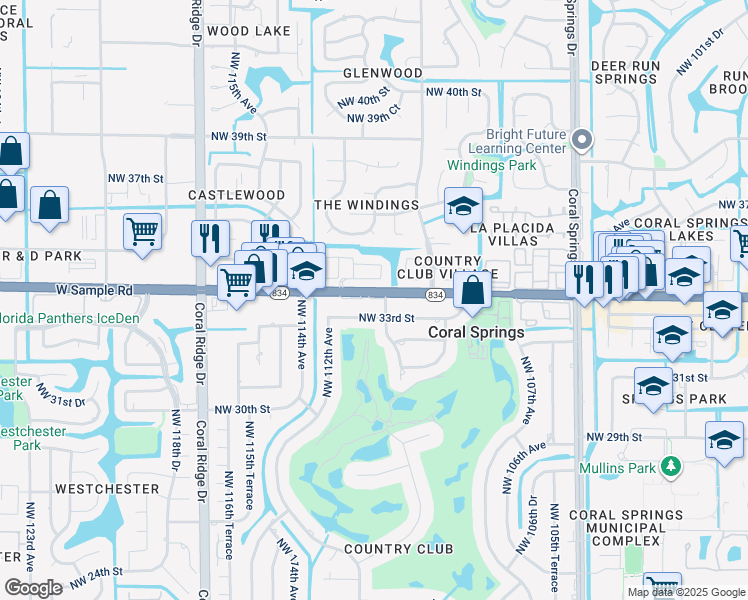 map of restaurants, bars, coffee shops, grocery stores, and more near 11200 West Sample Road in Coral Springs
