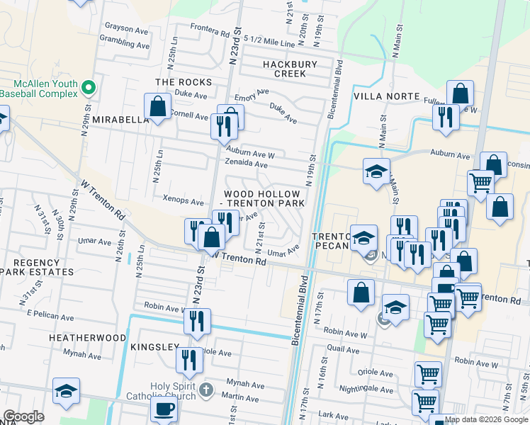map of restaurants, bars, coffee shops, grocery stores, and more near 7420 North 21st Street in McAllen