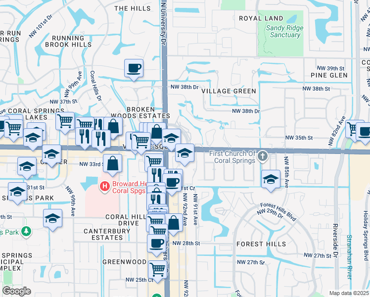 map of restaurants, bars, coffee shops, grocery stores, and more near West Sample Road in Coral Springs
