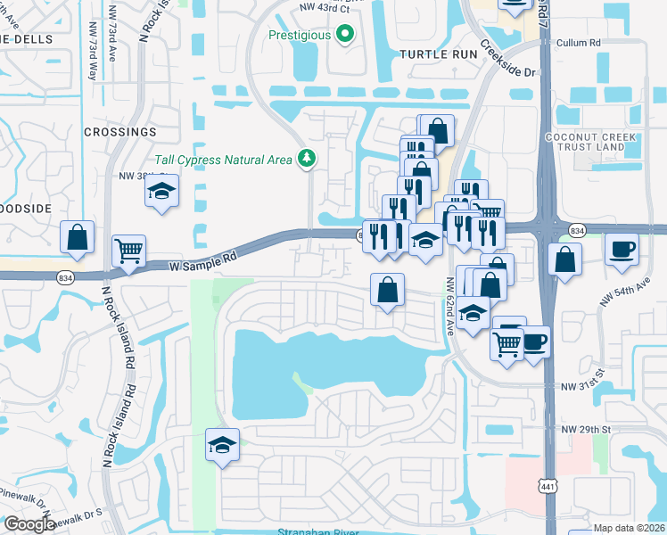 map of restaurants, bars, coffee shops, grocery stores, and more near 6496 West Sample Road in Coral Springs