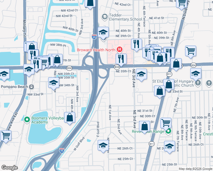 map of restaurants, bars, coffee shops, grocery stores, and more near 3281 East Golf Boulevard in Pompano Beach