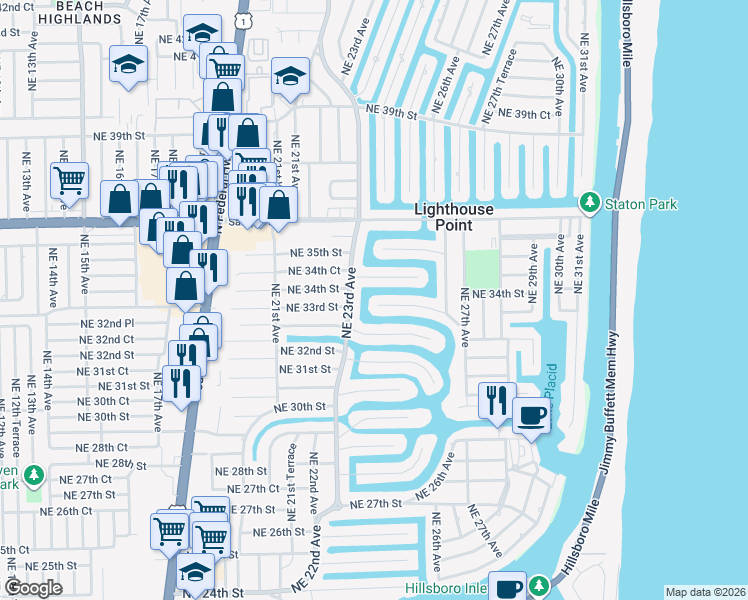 map of restaurants, bars, coffee shops, grocery stores, and more near 2311 Northeast 33rd Street in Lighthouse Point