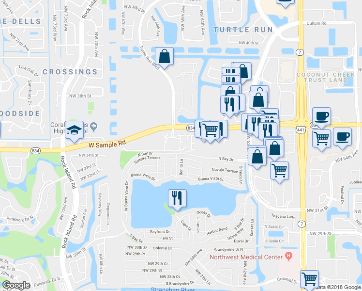 map of restaurants, bars, coffee shops, grocery stores, and more near 6496 West Sample Road in Coral Springs