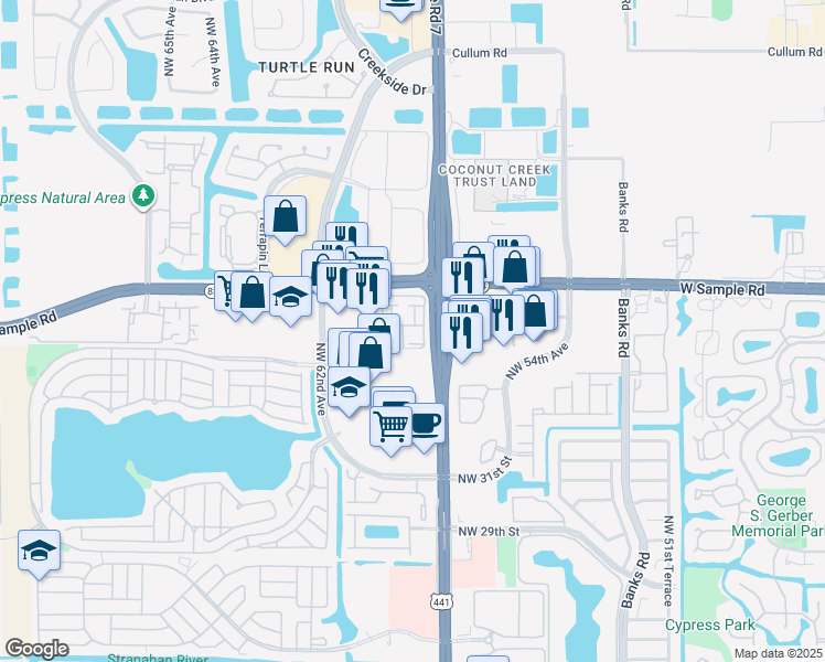 map of restaurants, bars, coffee shops, grocery stores, and more near 5980 West Sample Road in Coral Springs
