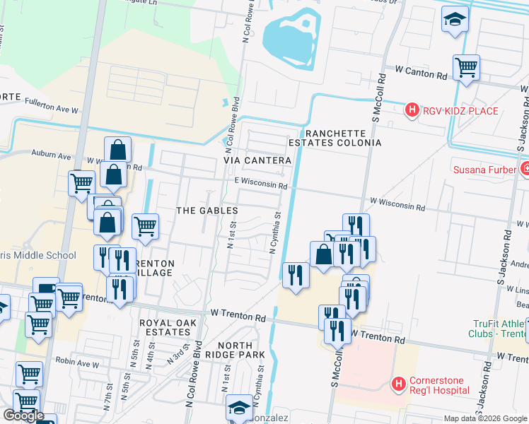 map of restaurants, bars, coffee shops, grocery stores, and more near 212 Auburn Avenue in McAllen