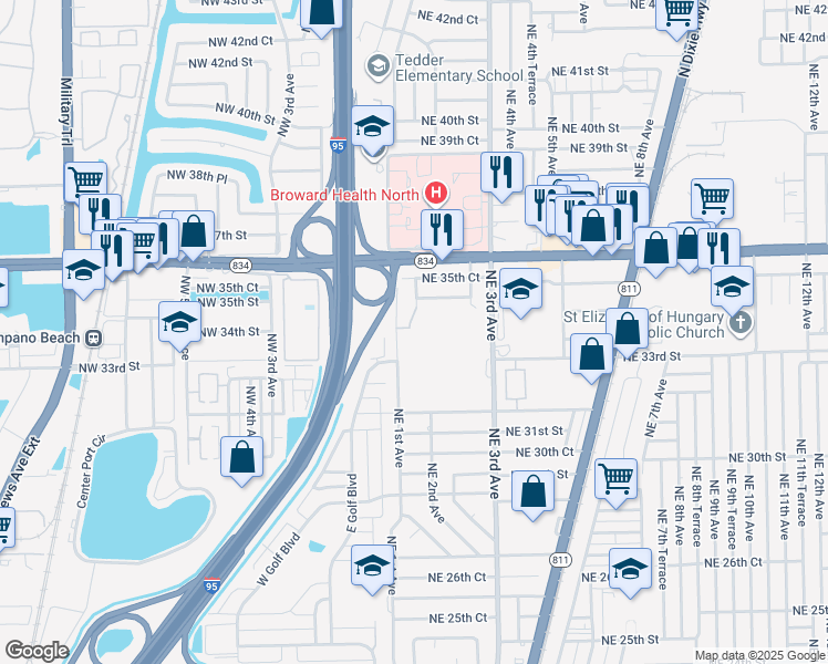 map of restaurants, bars, coffee shops, grocery stores, and more near 3400 Northeast 1st Avenue in Pompano Beach