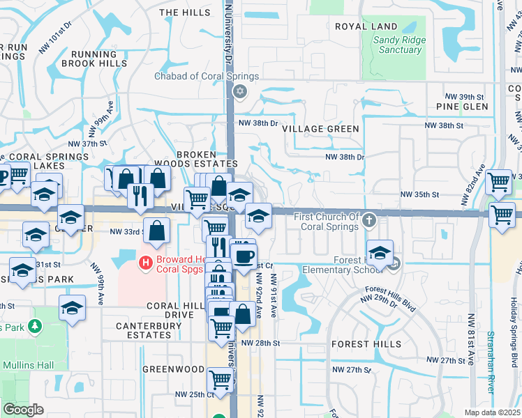 map of restaurants, bars, coffee shops, grocery stores, and more near 9101 Northwest 34th Street in Coral Springs