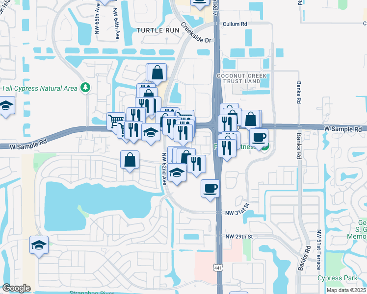 map of restaurants, bars, coffee shops, grocery stores, and more near 6166 West Sample Road in Pompano Beach