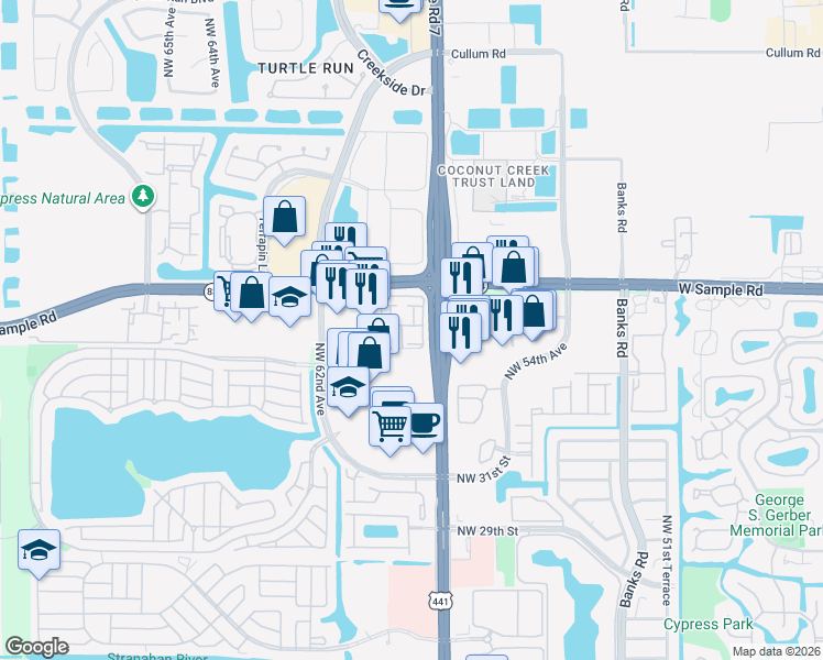 map of restaurants, bars, coffee shops, grocery stores, and more near 5980 West Sample Road in Coral Springs