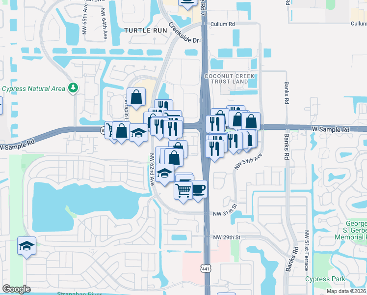 map of restaurants, bars, coffee shops, grocery stores, and more near 5980 West Sample Road in Coral Springs