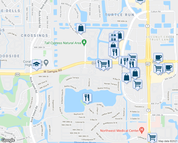 map of restaurants, bars, coffee shops, grocery stores, and more near 6496 West Sample Road in Coral Springs