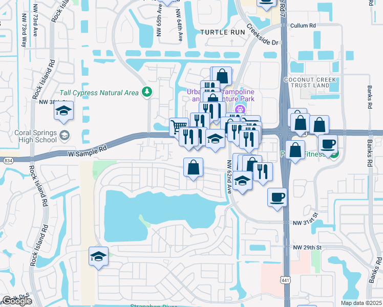 map of restaurants, bars, coffee shops, grocery stores, and more near 6270 West Sample Road in Coral Springs