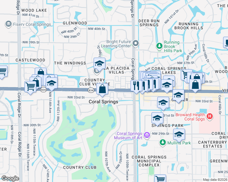 map of restaurants, bars, coffee shops, grocery stores, and more near 10830 West Sample Road in Coral Springs