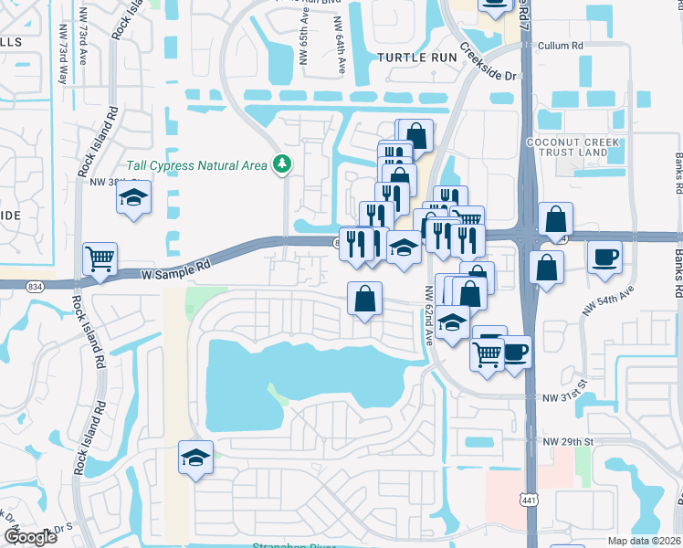 map of restaurants, bars, coffee shops, grocery stores, and more near 6280 West Sample Road in Coral Springs