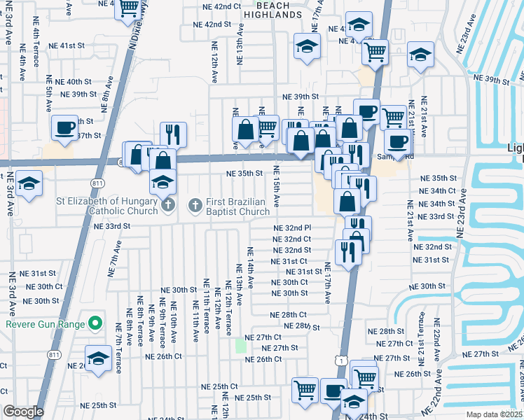 map of restaurants, bars, coffee shops, grocery stores, and more near 3321 Northeast 14th Avenue in Pompano Beach