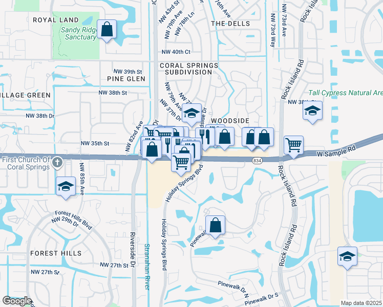 map of restaurants, bars, coffee shops, grocery stores, and more near 7811 West Sample Road in Coral Springs