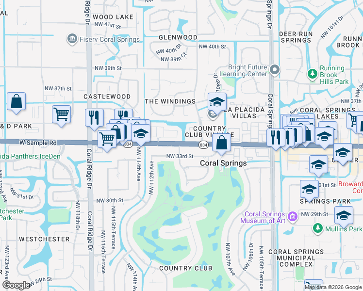 map of restaurants, bars, coffee shops, grocery stores, and more near 11086 West Sample Road in Coral Springs