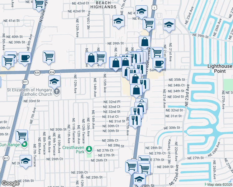 map of restaurants, bars, coffee shops, grocery stores, and more near 1610 Northeast 33rd Court in Pompano Beach