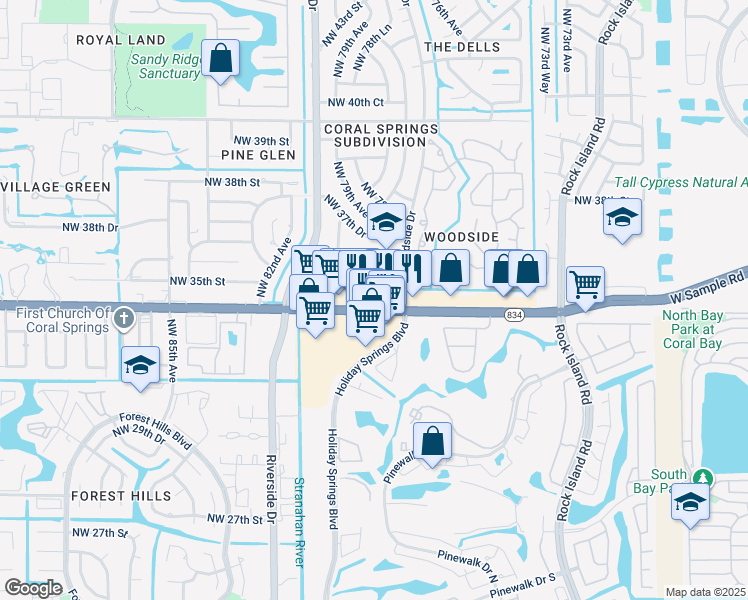 map of restaurants, bars, coffee shops, grocery stores, and more near 7811 West Sample Road in Coral Springs