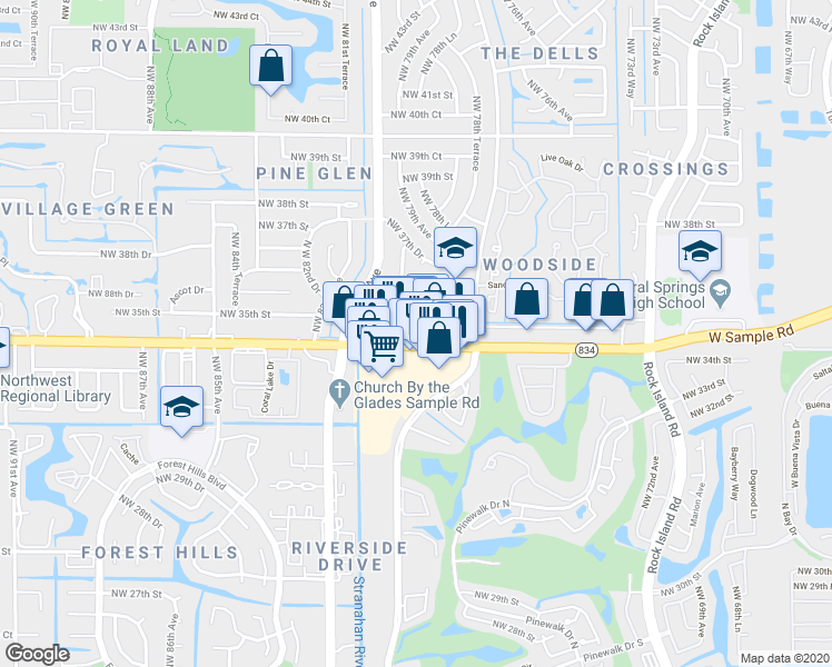 map of restaurants, bars, coffee shops, grocery stores, and more near 7907 West Sample Road in Coral Springs