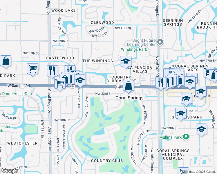 map of restaurants, bars, coffee shops, grocery stores, and more near 11042 West Sample Road in Coral Springs