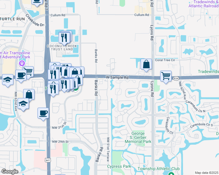 map of restaurants, bars, coffee shops, grocery stores, and more near 3510 Banks Road in Margate