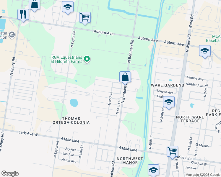 map of restaurants, bars, coffee shops, grocery stores, and more near 4501 Thunderbird Avenue in McAllen