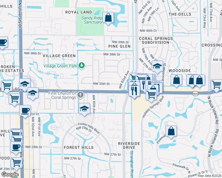 map of restaurants, bars, coffee shops, grocery stores, and more near 8203 Northwest 34th Street in Coral Springs