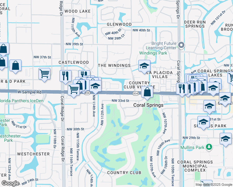 map of restaurants, bars, coffee shops, grocery stores, and more near 11200 West Sample Road in Coral Springs