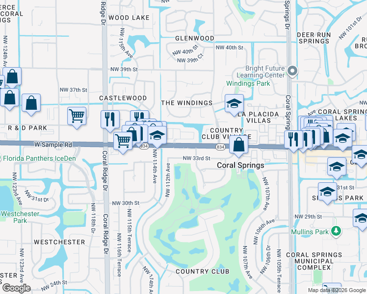 map of restaurants, bars, coffee shops, grocery stores, and more near 11200 West Sample Road in Coral Springs