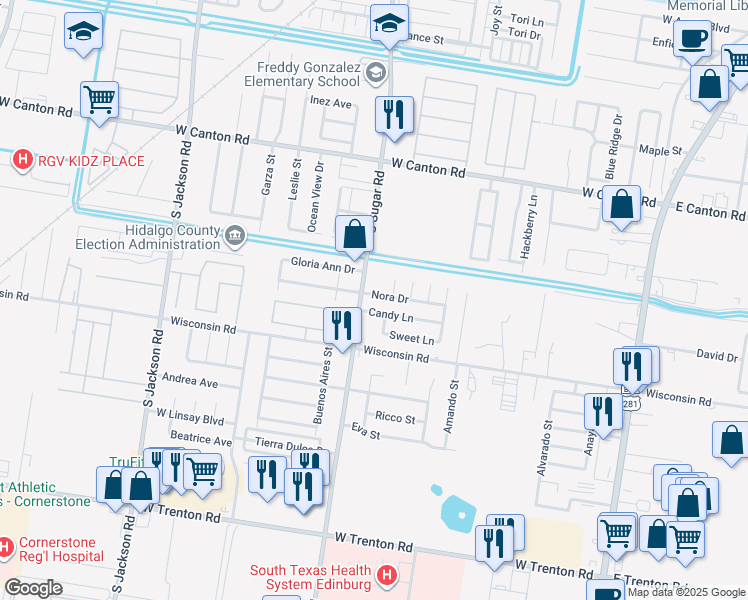 map of restaurants, bars, coffee shops, grocery stores, and more near 3302 South Sugar Road in Edinburg