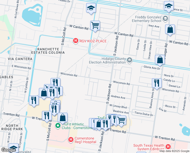 map of restaurants, bars, coffee shops, grocery stores, and more near 2411 West Wisconsin Road in Edinburg