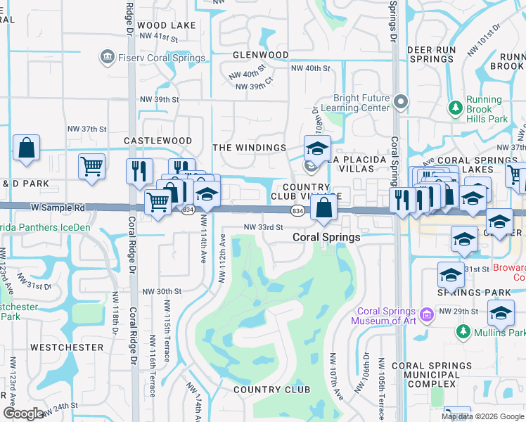 map of restaurants, bars, coffee shops, grocery stores, and more near 11098 West Sample Road in Coral Springs