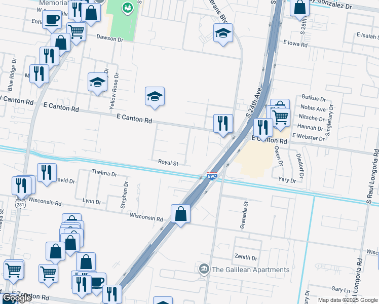 map of restaurants, bars, coffee shops, grocery stores, and more near 2902 Chateau Street in Edinburg