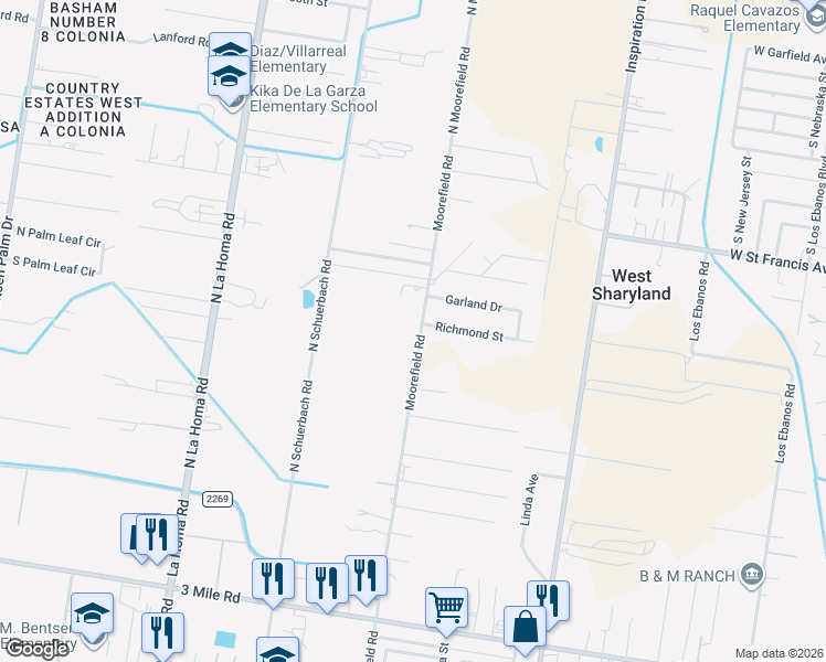 map of restaurants, bars, coffee shops, grocery stores, and more near 4925 Moorefield Road in Mission