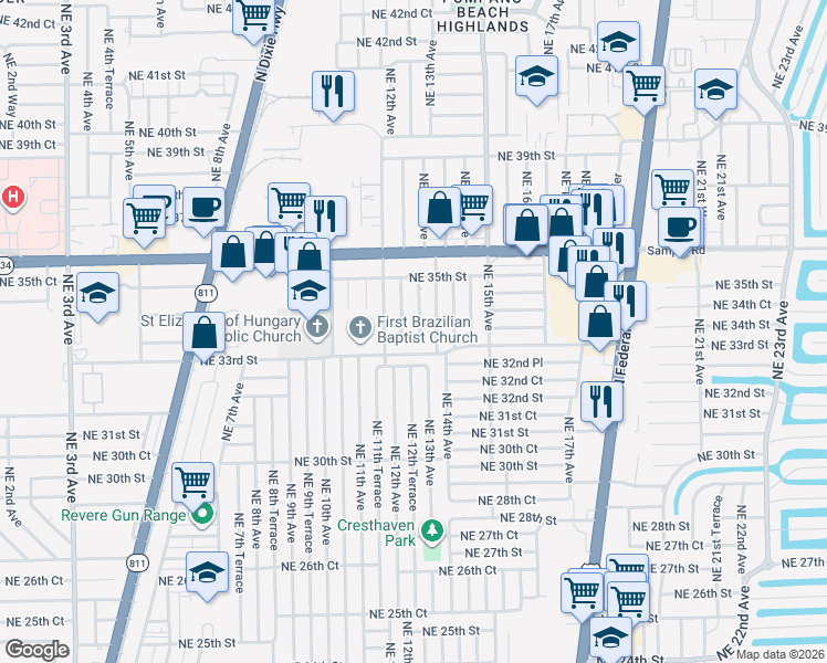 map of restaurants, bars, coffee shops, grocery stores, and more near 3331 Northeast 13th Avenue in Pompano Beach