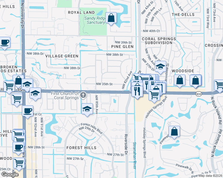map of restaurants, bars, coffee shops, grocery stores, and more near 8305 West Sample Road in Coral Springs
