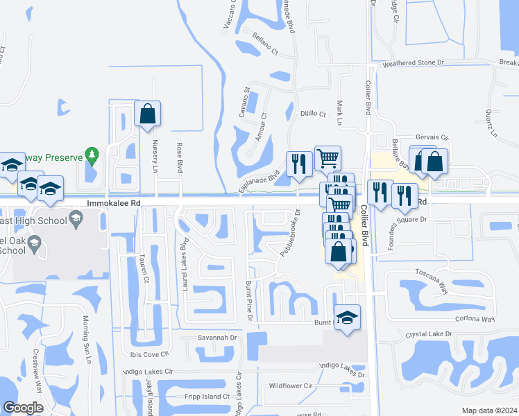 map of restaurants, bars, coffee shops, grocery stores, and more near 93 Burnt Pine Drive in Naples